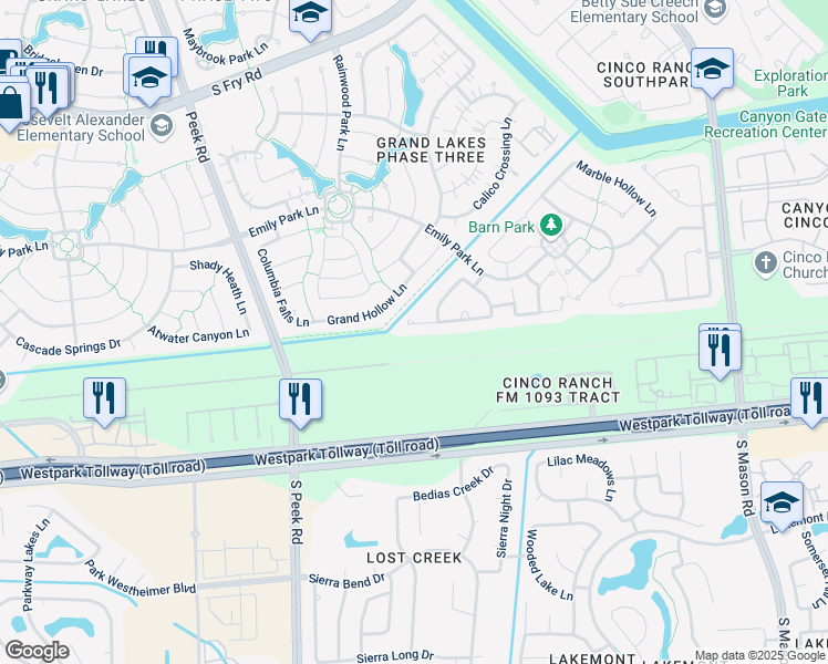map of restaurants, bars, coffee shops, grocery stores, and more near 21327 Pennshore Lane in Katy