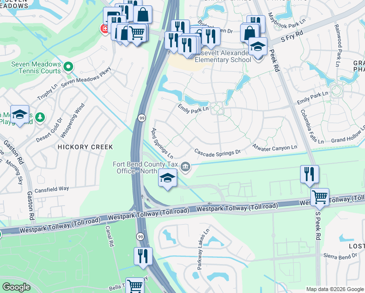 map of restaurants, bars, coffee shops, grocery stores, and more near 6303 Sunset Cove Lane in Katy