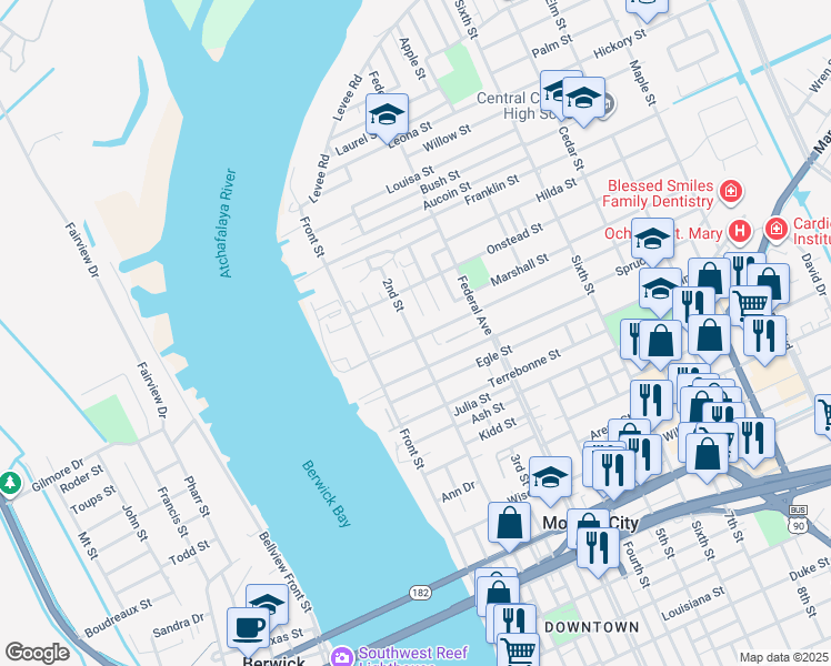 map of restaurants, bars, coffee shops, grocery stores, and more near 1400 2nd Street in Morgan City