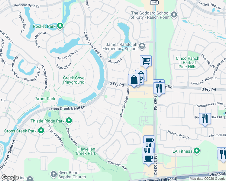 map of restaurants, bars, coffee shops, grocery stores, and more near 57422 Caldwell Sky Lane in Katy