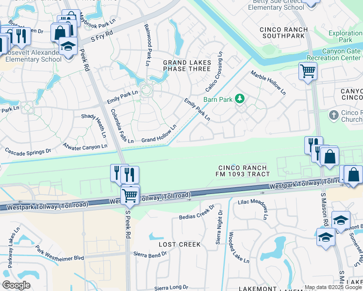 map of restaurants, bars, coffee shops, grocery stores, and more near 21327 Pennshore Ln in Katy