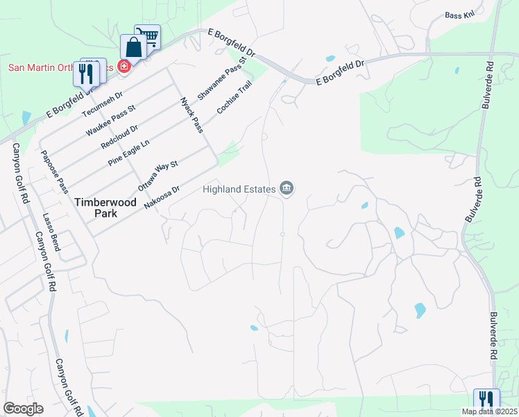 map of restaurants, bars, coffee shops, grocery stores, and more near 27139 Highland Crest in San Antonio