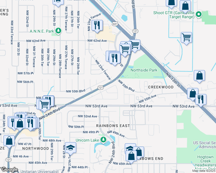 map of restaurants, bars, coffee shops, grocery stores, and more near 2356 Northwest 54th Boulevard in Gainesville