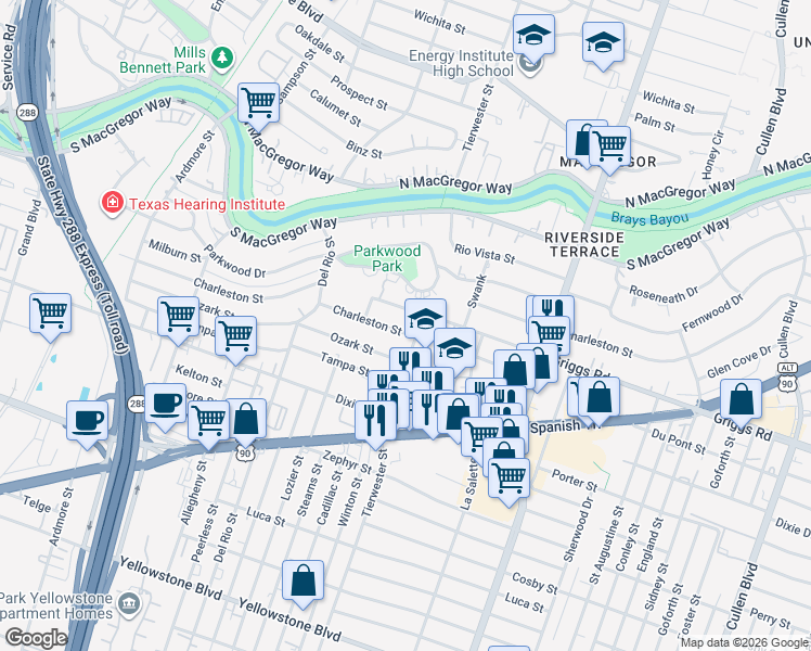 map of restaurants, bars, coffee shops, grocery stores, and more near 3538 Griggs Road in Houston