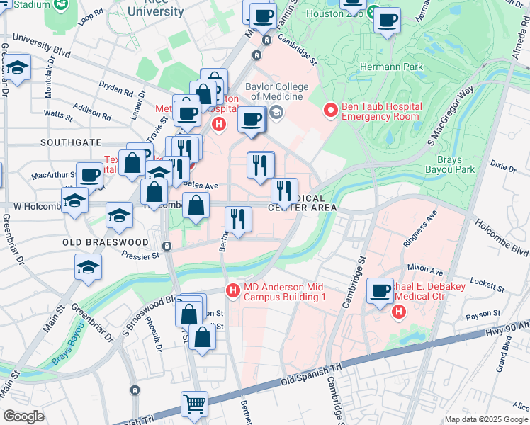 map of restaurants, bars, coffee shops, grocery stores, and more near 1400 Holcombe Boulevard in Houston
