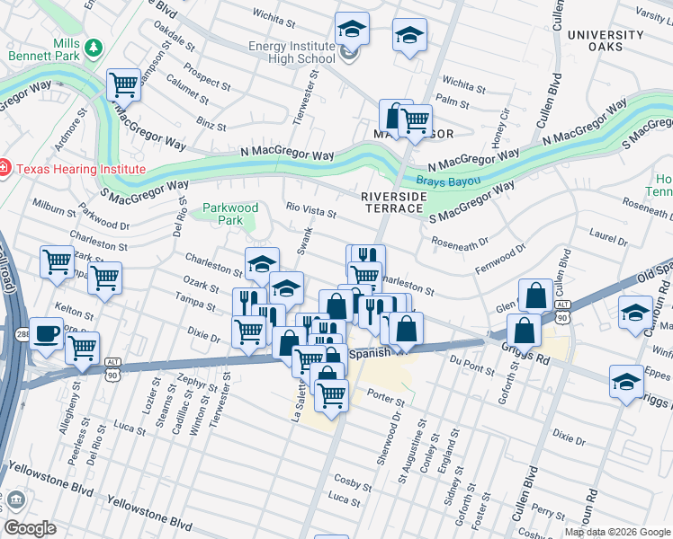 map of restaurants, bars, coffee shops, grocery stores, and more near 3730 Charleston St in Houston