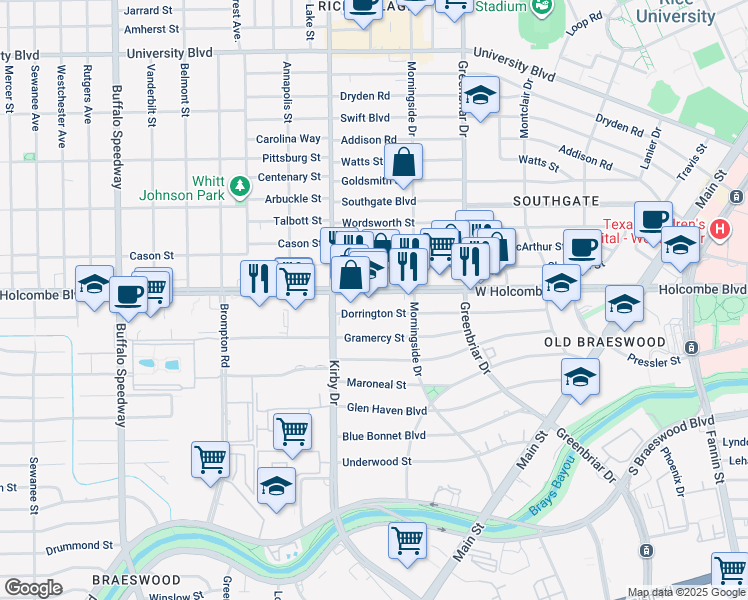 map of restaurants, bars, coffee shops, grocery stores, and more near 2431 West Holcombe Boulevard in Houston