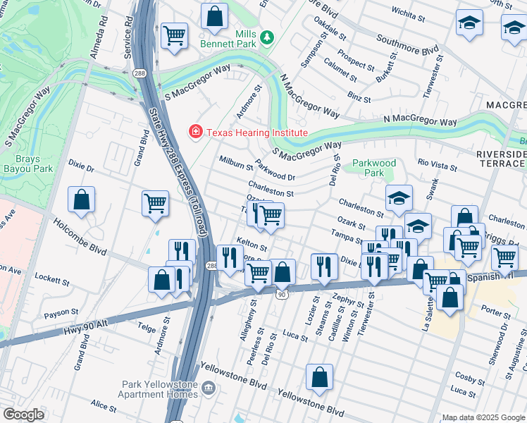 map of restaurants, bars, coffee shops, grocery stores, and more near 3324 Ozark Street in Houston