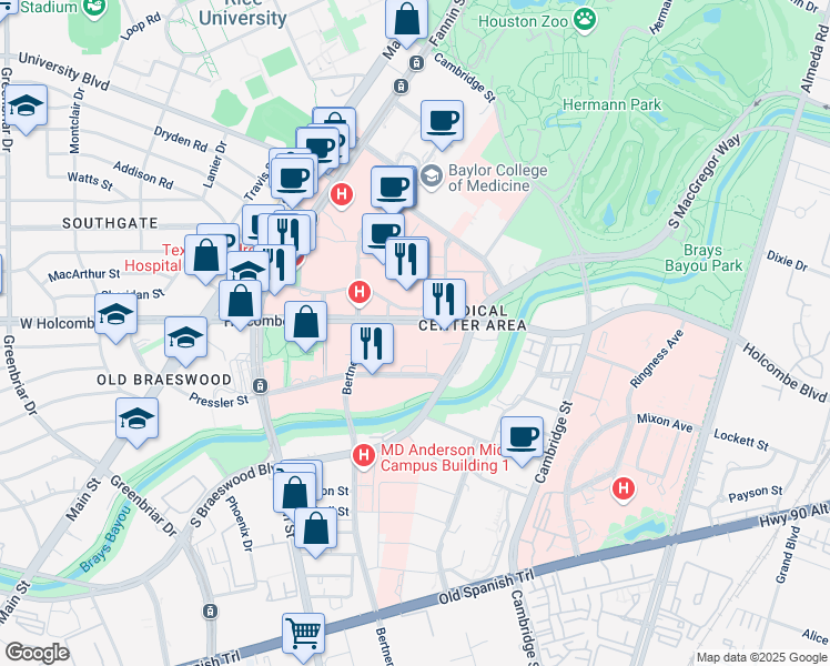 map of restaurants, bars, coffee shops, grocery stores, and more near 1300 Holcombe Boulevard in Houston