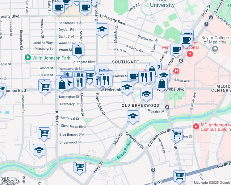 map of restaurants, bars, coffee shops, grocery stores, and more near 2229 West Holcombe Boulevard in Houston