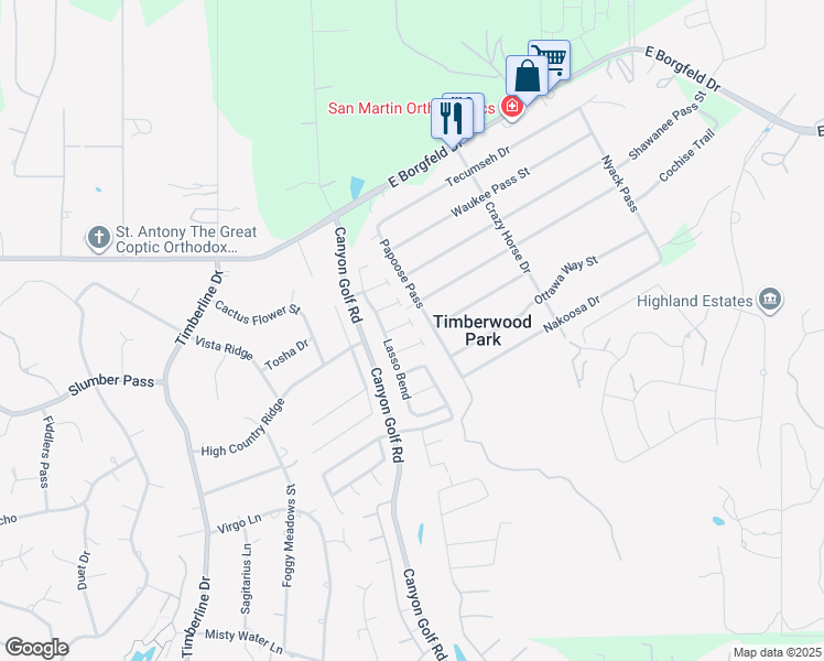 map of restaurants, bars, coffee shops, grocery stores, and more near 27915 Papoose Pass in San Antonio