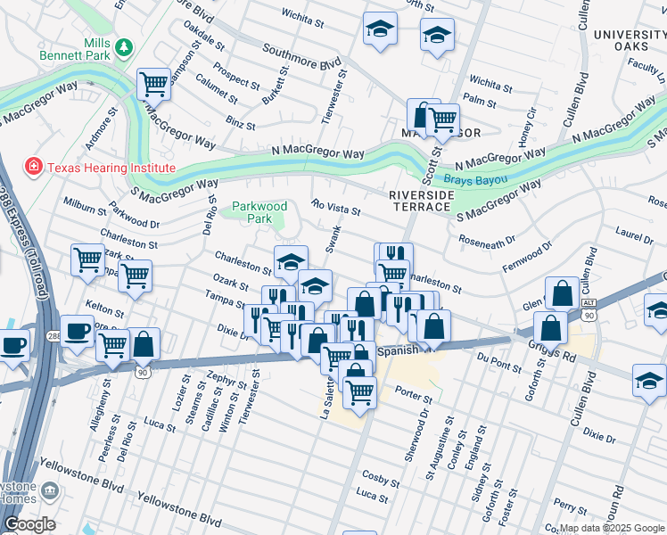 map of restaurants, bars, coffee shops, grocery stores, and more near 3653 Griggs Road in Houston
