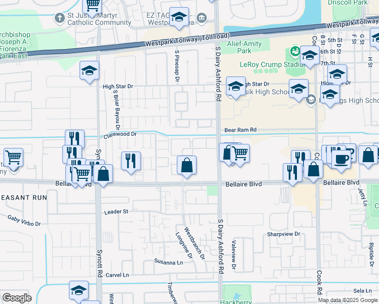 map of restaurants, bars, coffee shops, grocery stores, and more near 27 Rodeo Square Drive in Houston