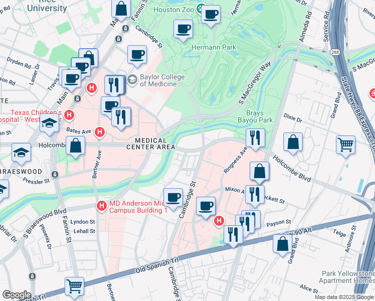 map of restaurants, bars, coffee shops, grocery stores, and more near Holcombe Blvd & Staffordshire in Houston