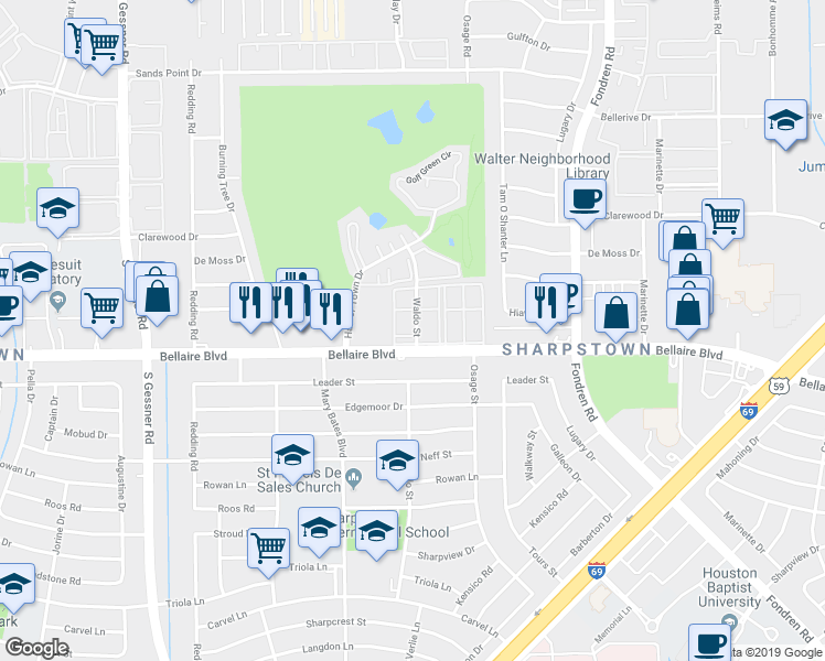 map of restaurants, bars, coffee shops, grocery stores, and more near 1420 Waldo Street in Houston