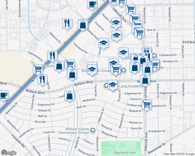 map of restaurants, bars, coffee shops, grocery stores, and more near 6630 Bellaire Boulevard in Houston