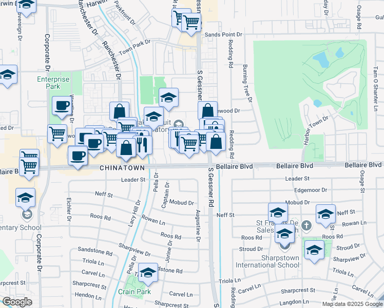 map of restaurants, bars, coffee shops, grocery stores, and more near 8700 Bellaire Blvd in Houston