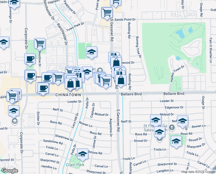 map of restaurants, bars, coffee shops, grocery stores, and more near 8700 Bellaire Boulevard in Houston