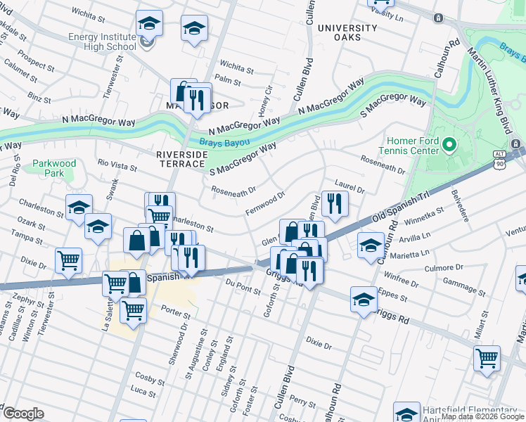 map of restaurants, bars, coffee shops, grocery stores, and more near 4020 Fernwood Drive in Houston
