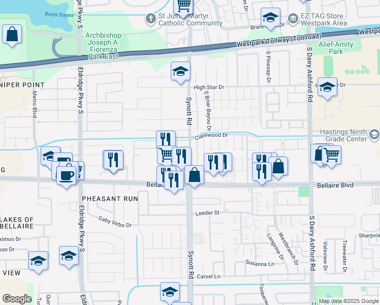 map of restaurants, bars, coffee shops, grocery stores, and more near 6634 Bellaire Gardens Drive in Houston