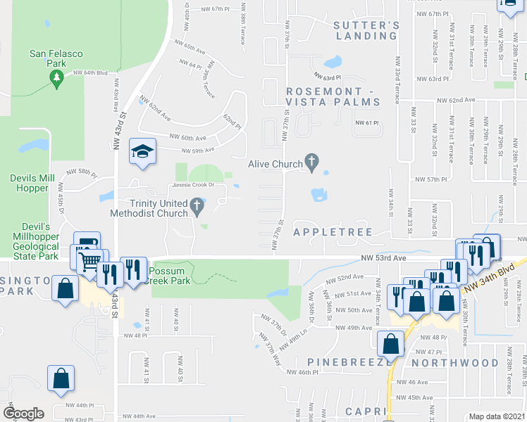 map of restaurants, bars, coffee shops, grocery stores, and more near 3743 Northwest 55 Place in Gainesville