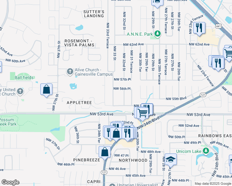 map of restaurants, bars, coffee shops, grocery stores, and more near 5531 Northwest 33 Street in Gainesville
