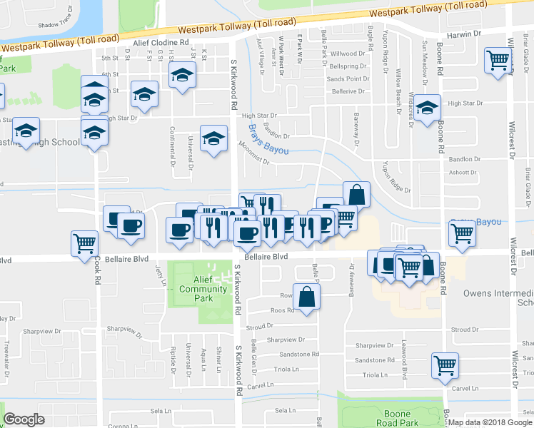 map of restaurants, bars, coffee shops, grocery stores, and more near 11855 Dashwood Drive in Houston