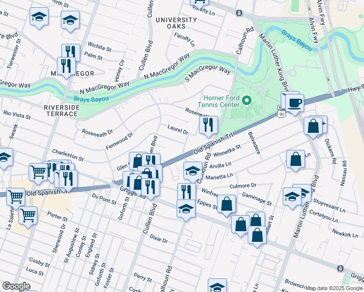 map of restaurants, bars, coffee shops, grocery stores, and more near 4418 Charleston Street in Houston