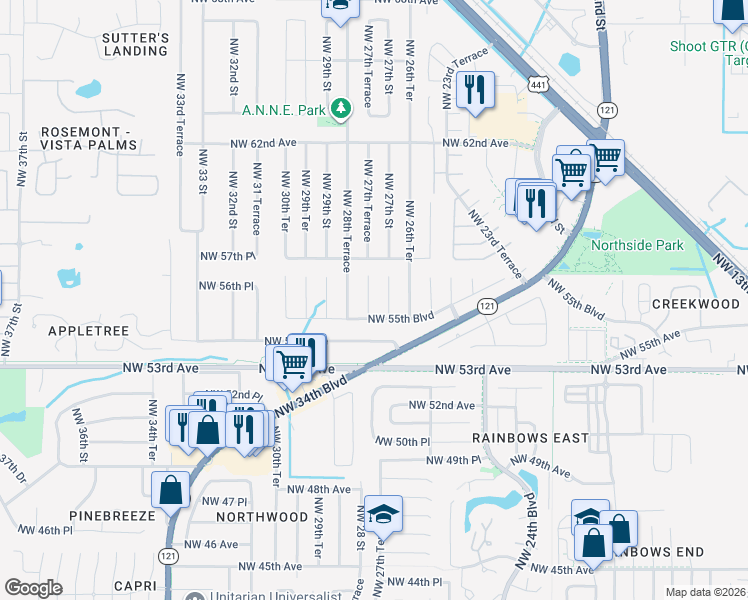 map of restaurants, bars, coffee shops, grocery stores, and more near 5601 Northwest 27th Terrace in Gainesville