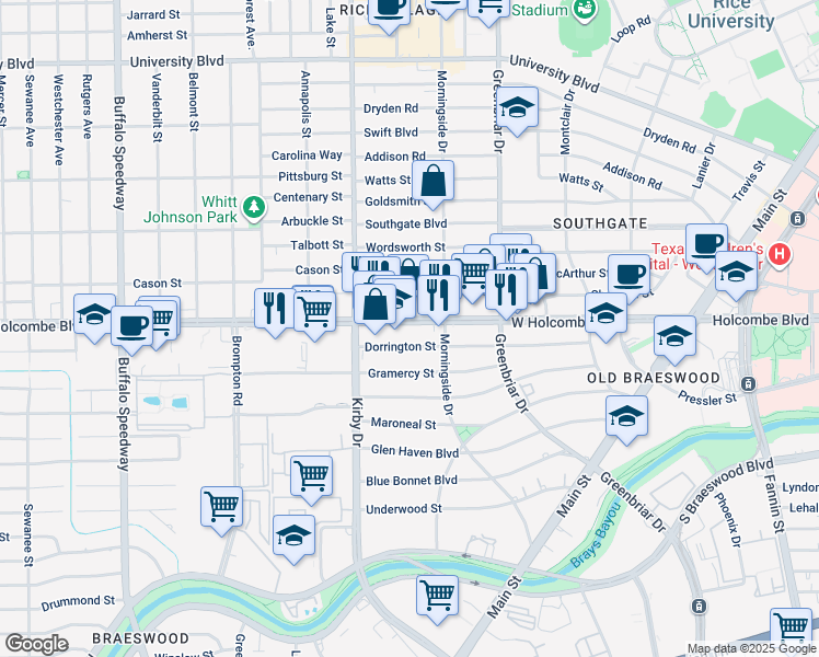 map of restaurants, bars, coffee shops, grocery stores, and more near 2431 West Holcombe Boulevard in Houston
