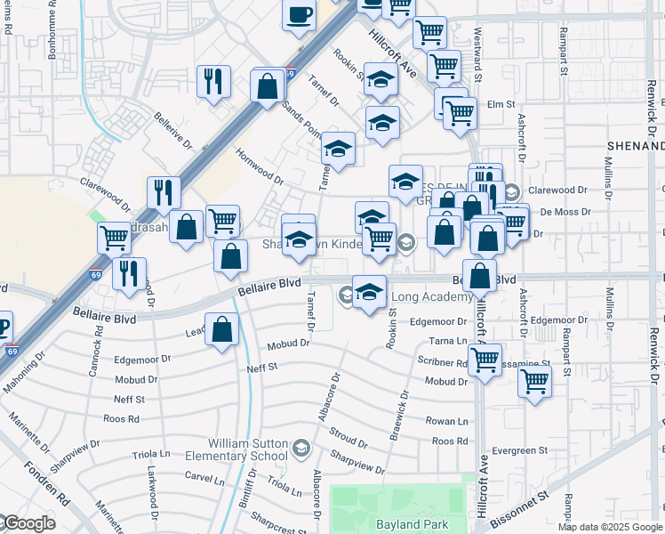 map of restaurants, bars, coffee shops, grocery stores, and more near 6630 Bellaire Boulevard in Houston