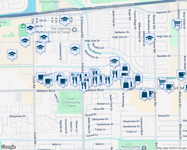 map of restaurants, bars, coffee shops, grocery stores, and more near 11855 Dashwood Drive in Houston