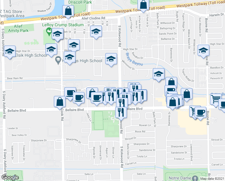 map of restaurants, bars, coffee shops, grocery stores, and more near 4700 South Kirkwood Road in Houston