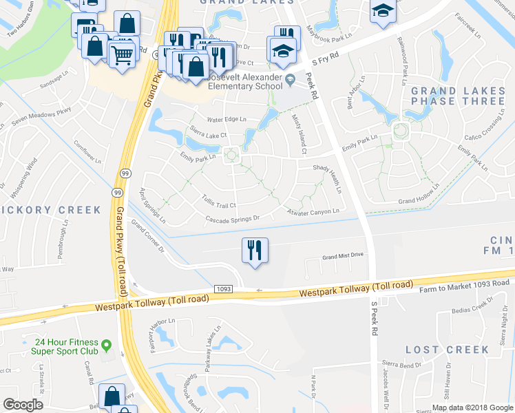 map of restaurants, bars, coffee shops, grocery stores, and more near 22423 Tullis Trail Ct in Katy