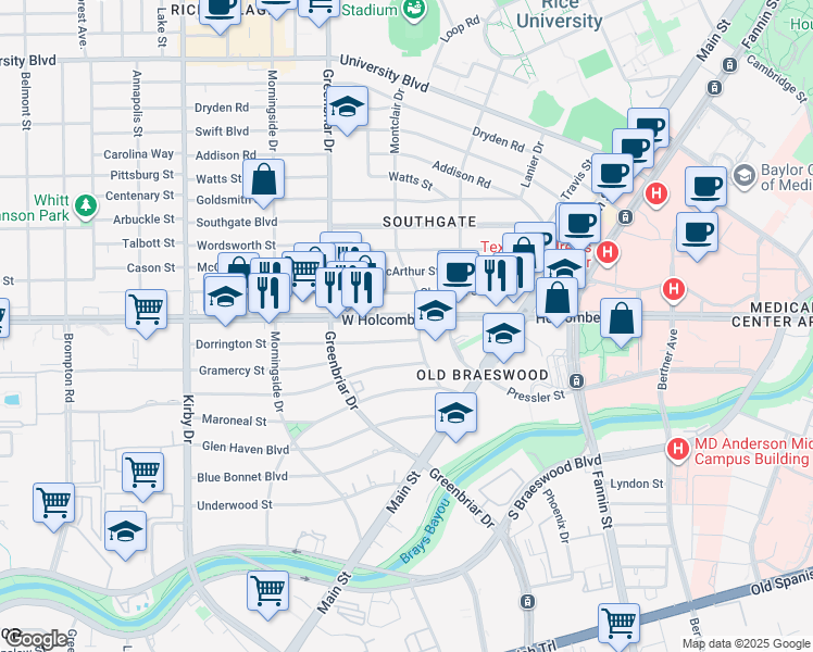 map of restaurants, bars, coffee shops, grocery stores, and more near 2201 West Holcombe Boulevard in Houston
