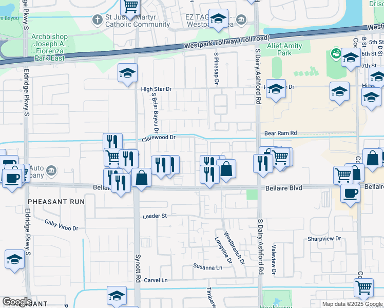 map of restaurants, bars, coffee shops, grocery stores, and more near 6616 Westwick Drive in Houston