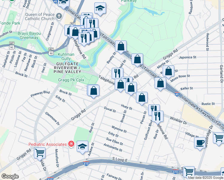 map of restaurants, bars, coffee shops, grocery stores, and more near 6207 Griggs Road in Houston