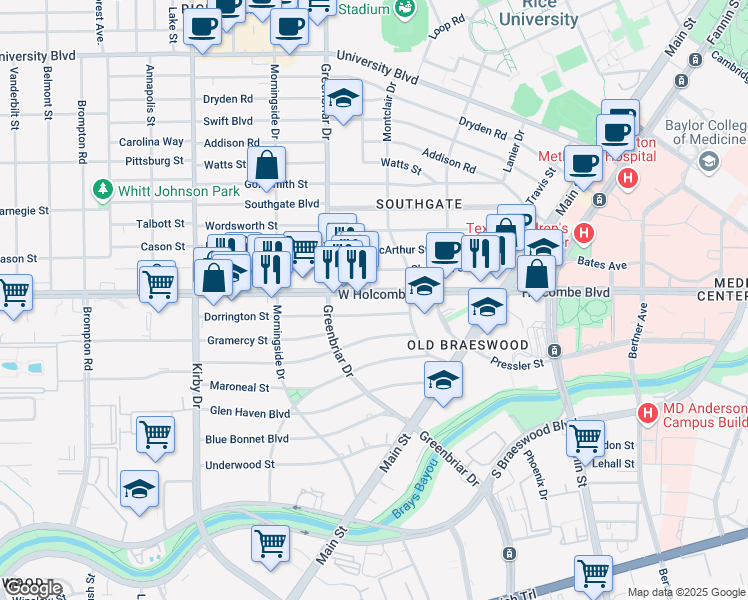 map of restaurants, bars, coffee shops, grocery stores, and more near 2229 West Holcombe Boulevard in Houston
