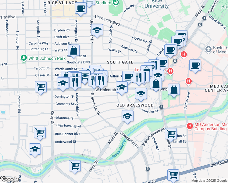 map of restaurants, bars, coffee shops, grocery stores, and more near 2201 West Holcombe Boulevard in Houston