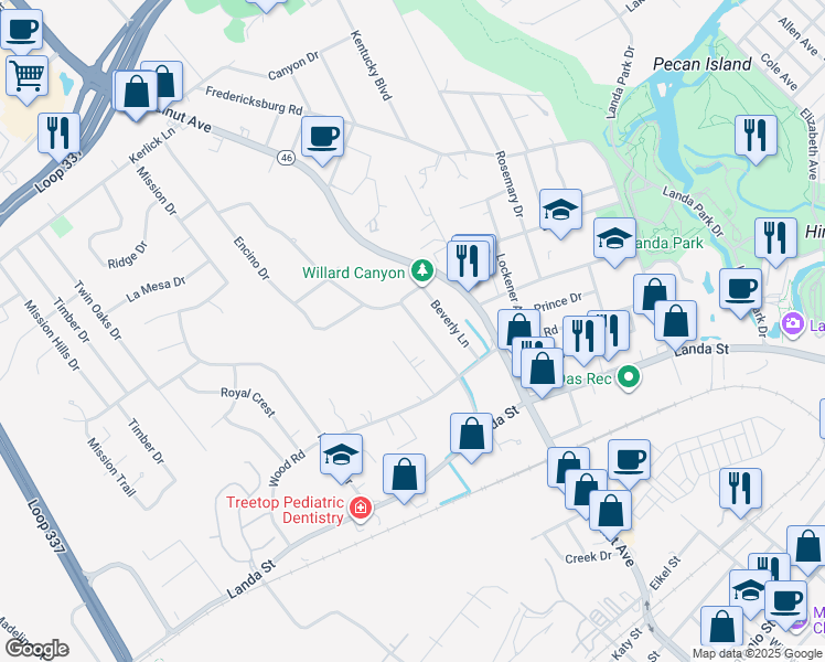 map of restaurants, bars, coffee shops, grocery stores, and more near 565 Laurel Ln in New Braunfels