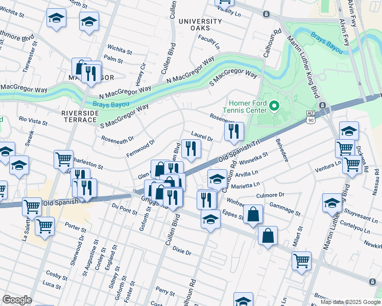 map of restaurants, bars, coffee shops, grocery stores, and more near 4323 Alconbury Lane in Houston