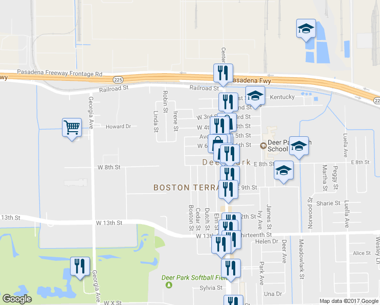 map of restaurants, bars, coffee shops, grocery stores, and more near 225 West 7th Street in Deer Park