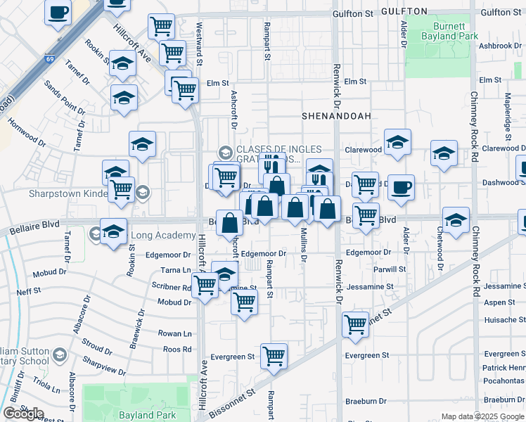 map of restaurants, bars, coffee shops, grocery stores, and more near 6060 Bellaire Boulevard in Houston