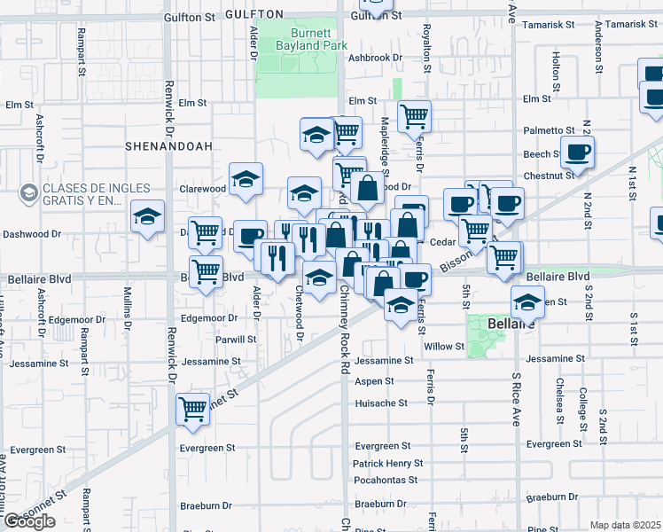 map of restaurants, bars, coffee shops, grocery stores, and more near 5502 Bellaire Boulevard in Houston