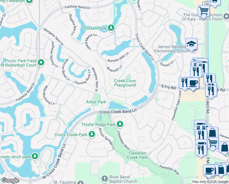 map of restaurants, bars, coffee shops, grocery stores, and more near 5826 Caspian Falls Lane in Fulshear
