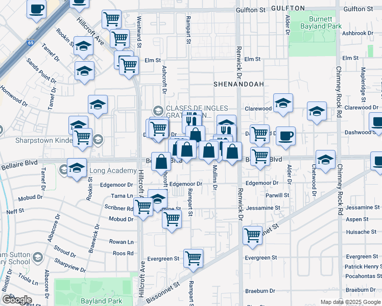 map of restaurants, bars, coffee shops, grocery stores, and more near 6090 Bellaire Boulevard in Houston