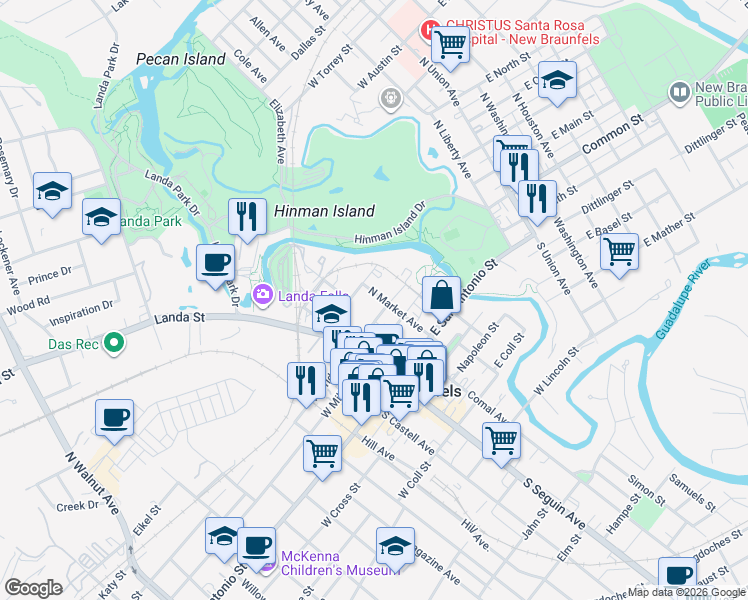 map of restaurants, bars, coffee shops, grocery stores, and more near 341 North Market Avenue in New Braunfels