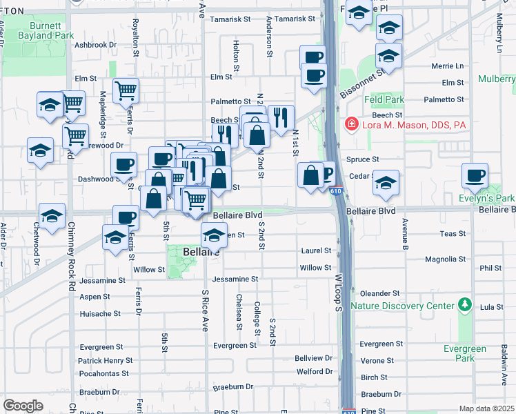 map of restaurants, bars, coffee shops, grocery stores, and more near 4900 Bellaire Blvd in Bellaire