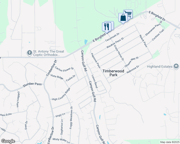 map of restaurants, bars, coffee shops, grocery stores, and more near 27535 Lasso Bend in San Antonio