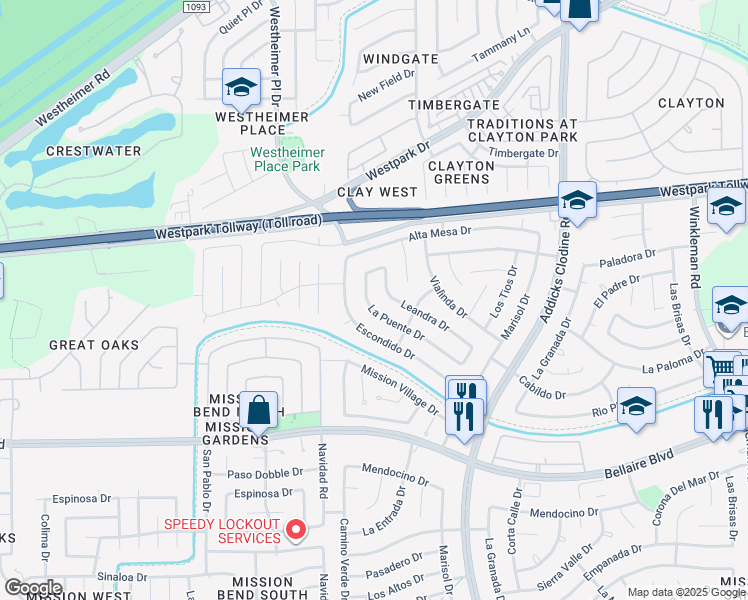 map of restaurants, bars, coffee shops, grocery stores, and more near 6651 La Puente Drive in Houston